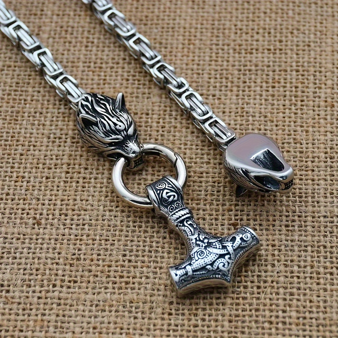 Men's Viking Wolf Head Hammer Pendant Necklace Punk Style Animal Theme